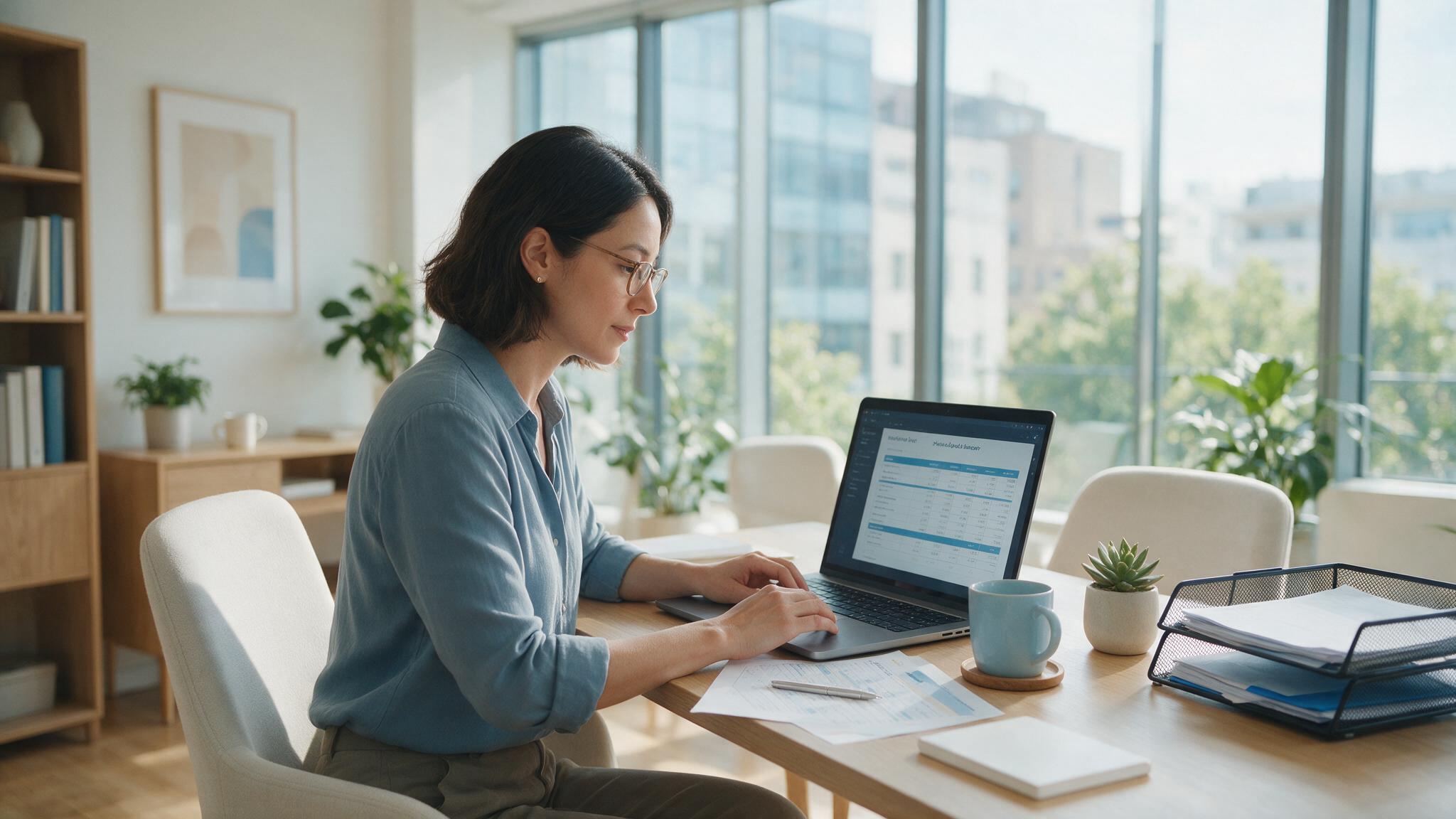 UAE small business owner reviewing costs on a laptop in a bright office