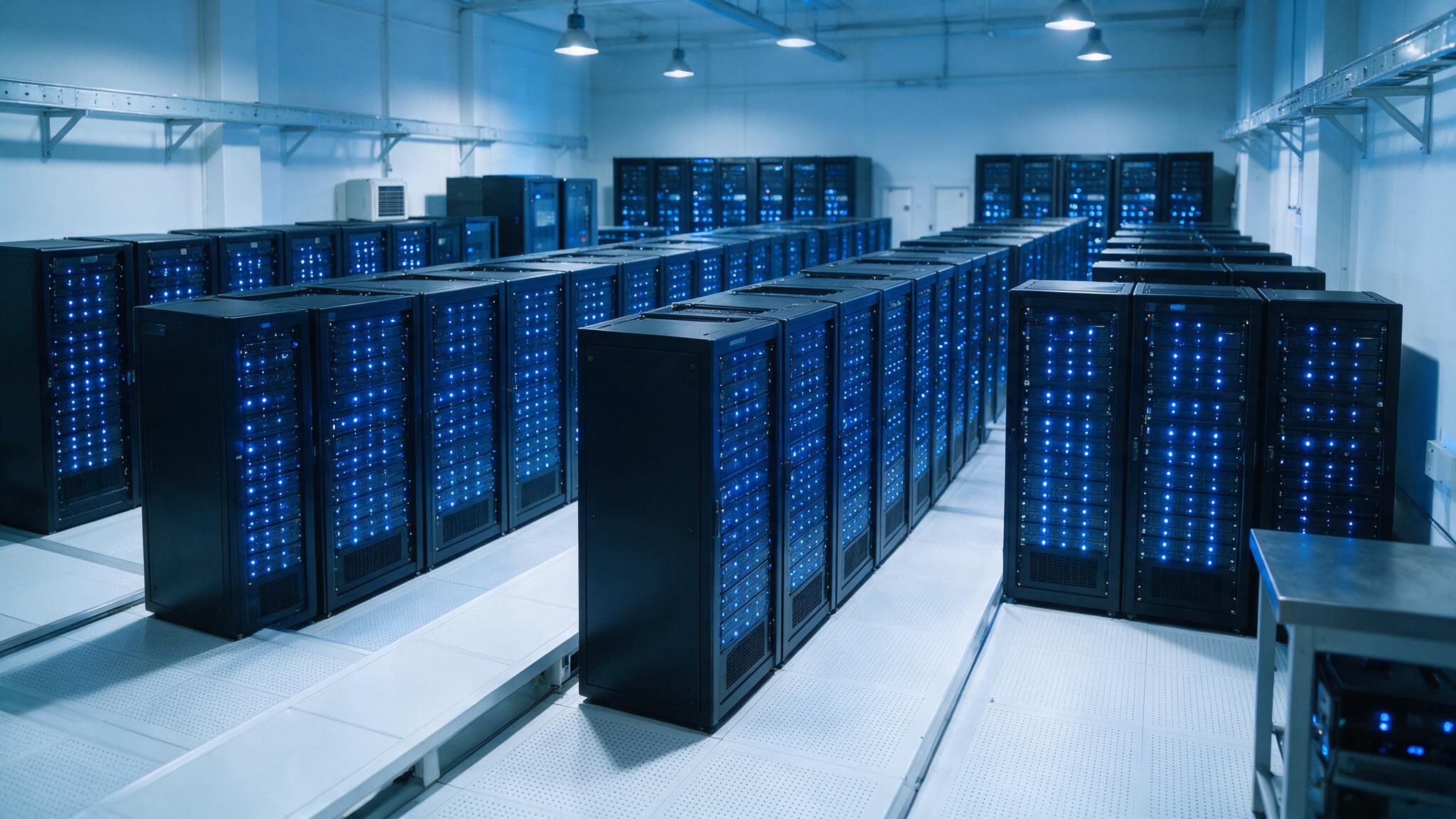 Rows of server racks in a modern UAE data center with blue indicator lights