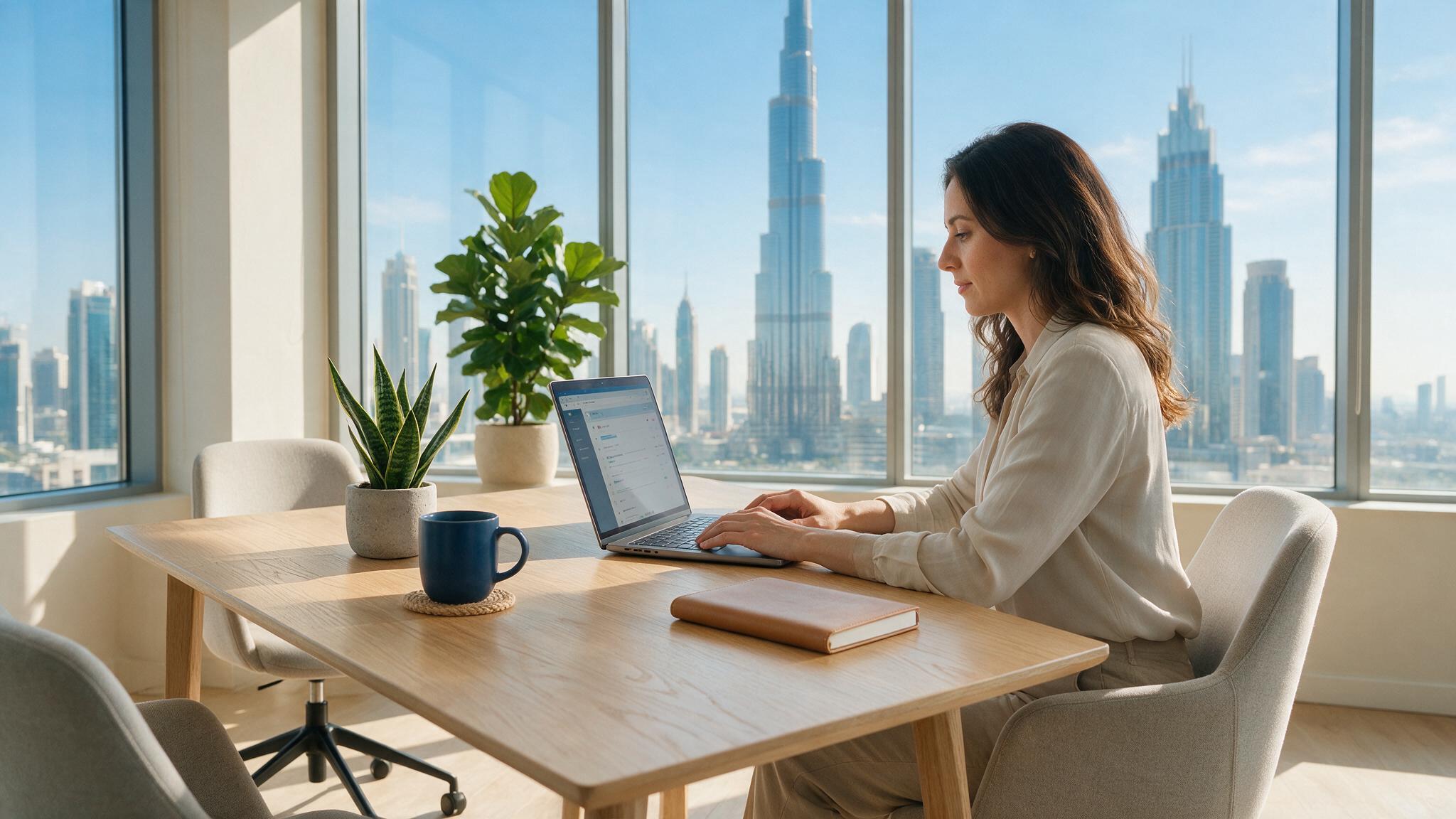 A small business owner in a Dubai office checking professional company email on a laptop