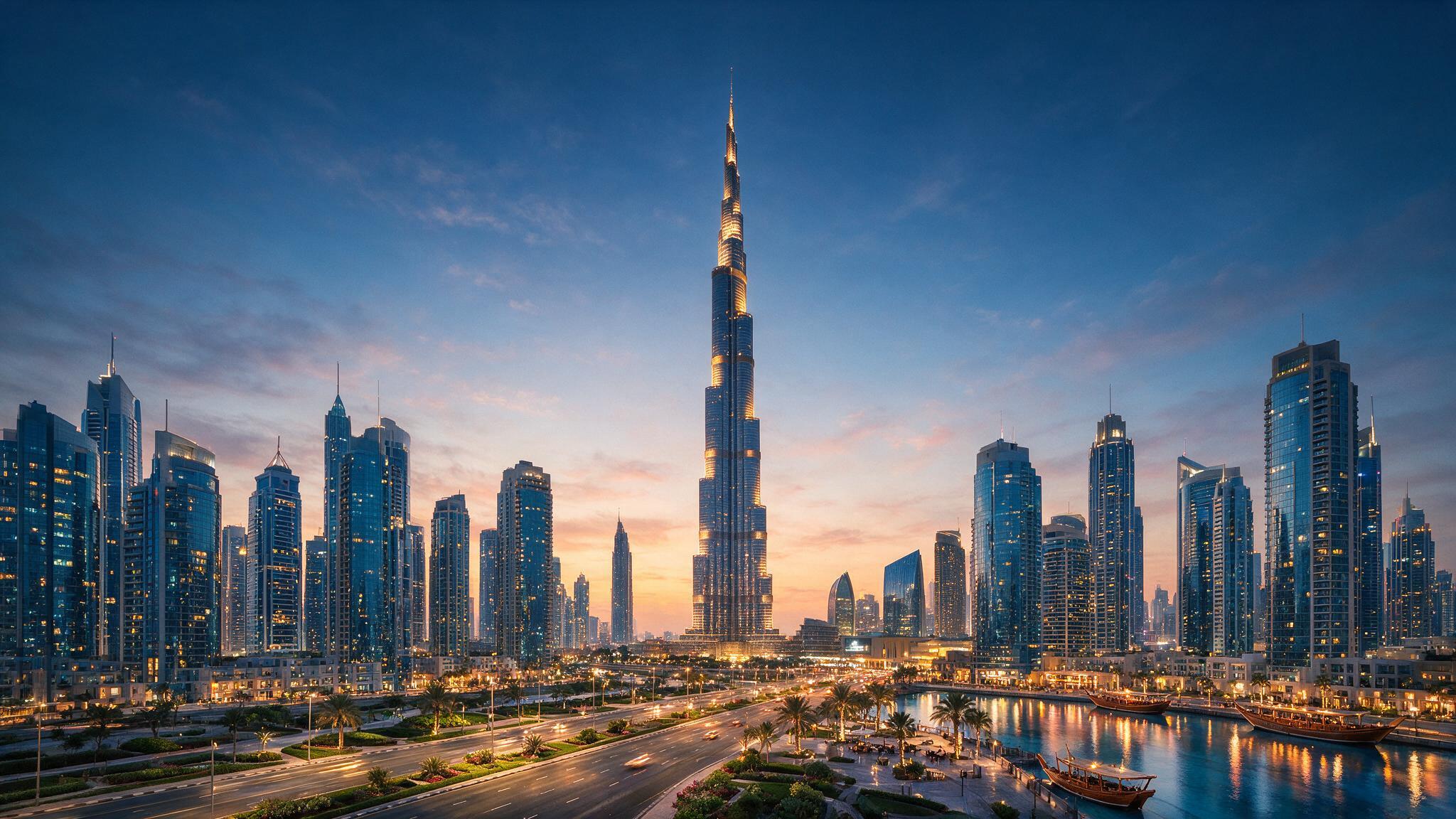 Dubai skyline at dusk with modern towers and business district lights
