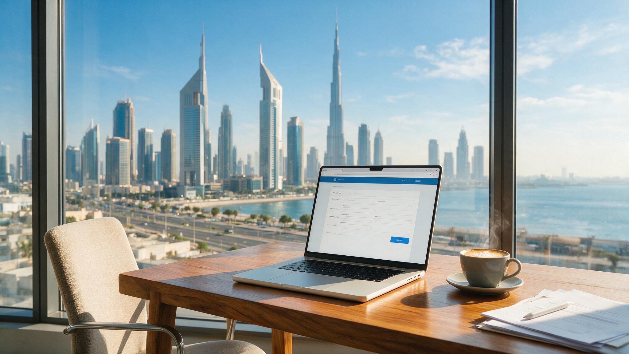 UAE business owner registering a .ae domain name on a laptop with the Dubai skyline in the background