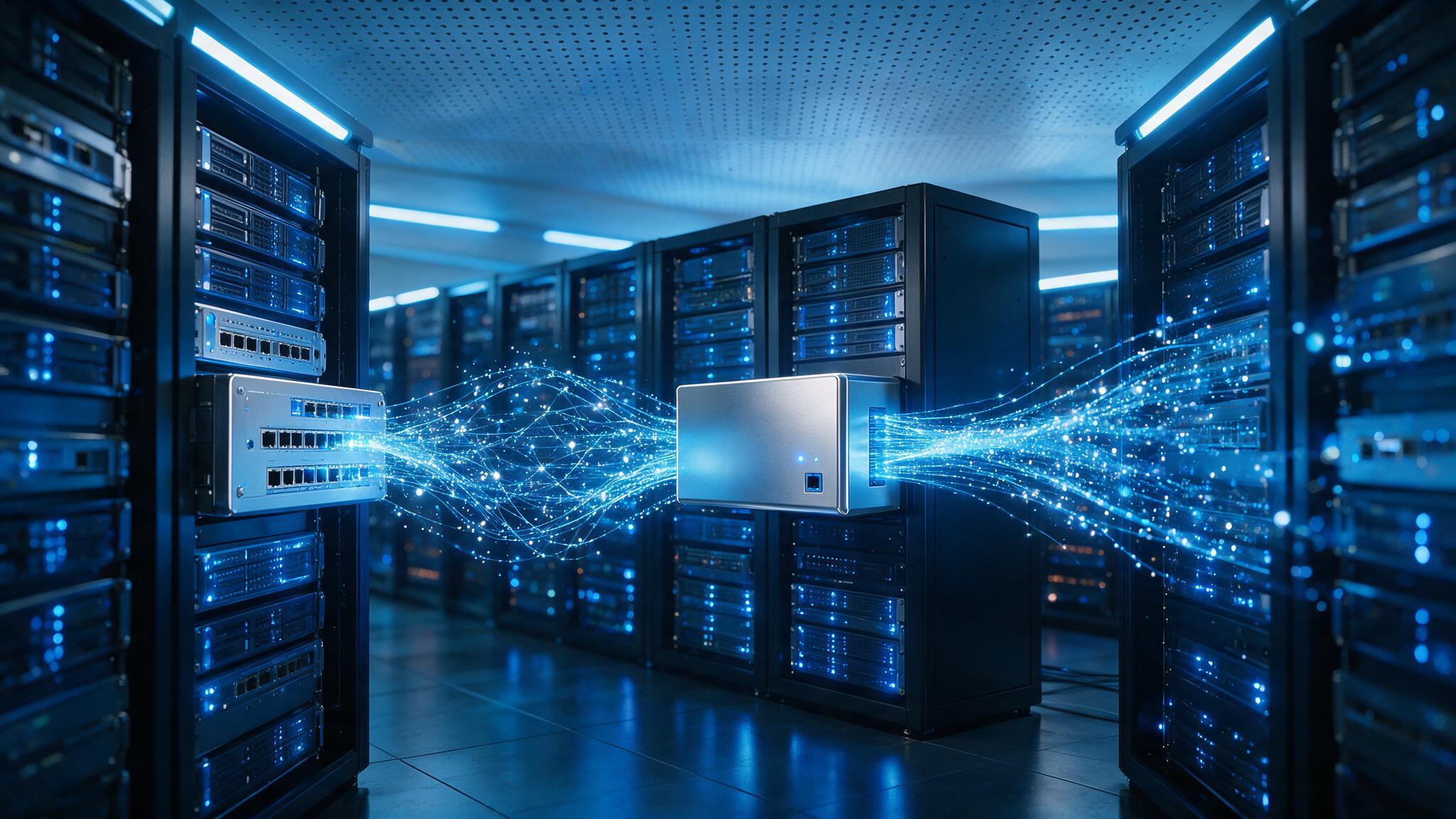 Illustration of data moving between servers during a zero downtime website migration