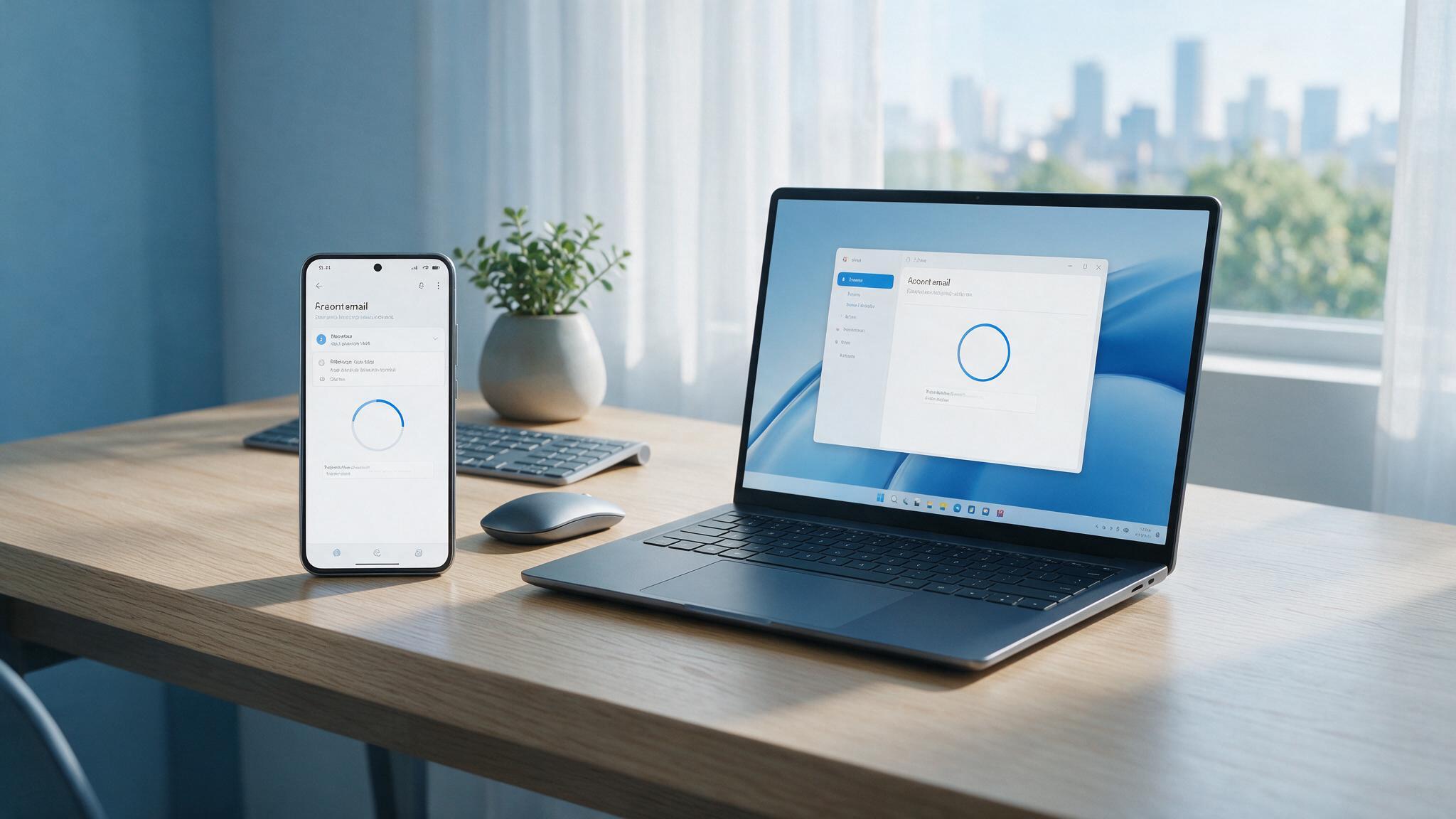 Hands configuring a business email account on an iPhone and a laptop side by side