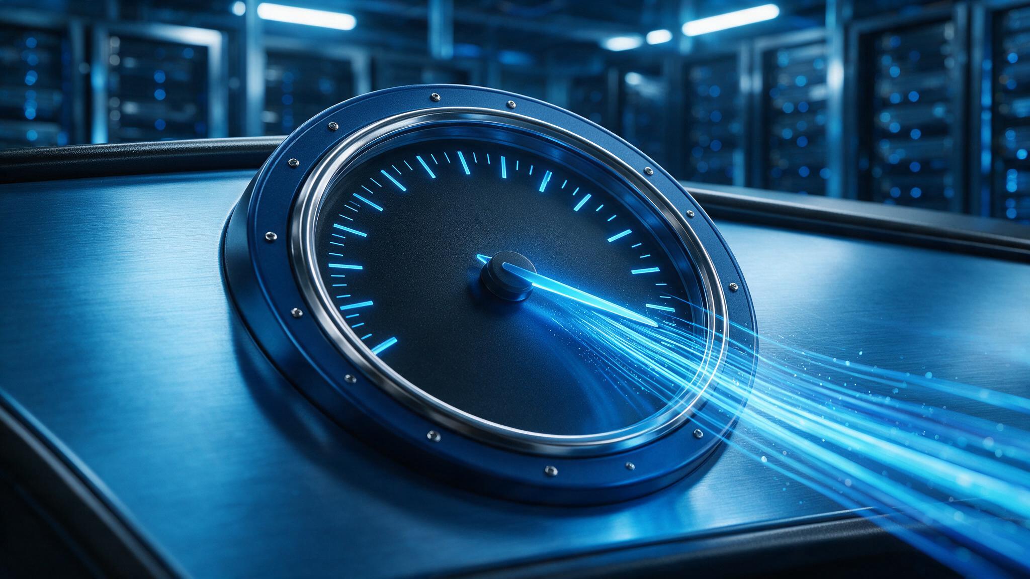 Speedometer graphic representing a fast loading WordPress site for UAE visitors