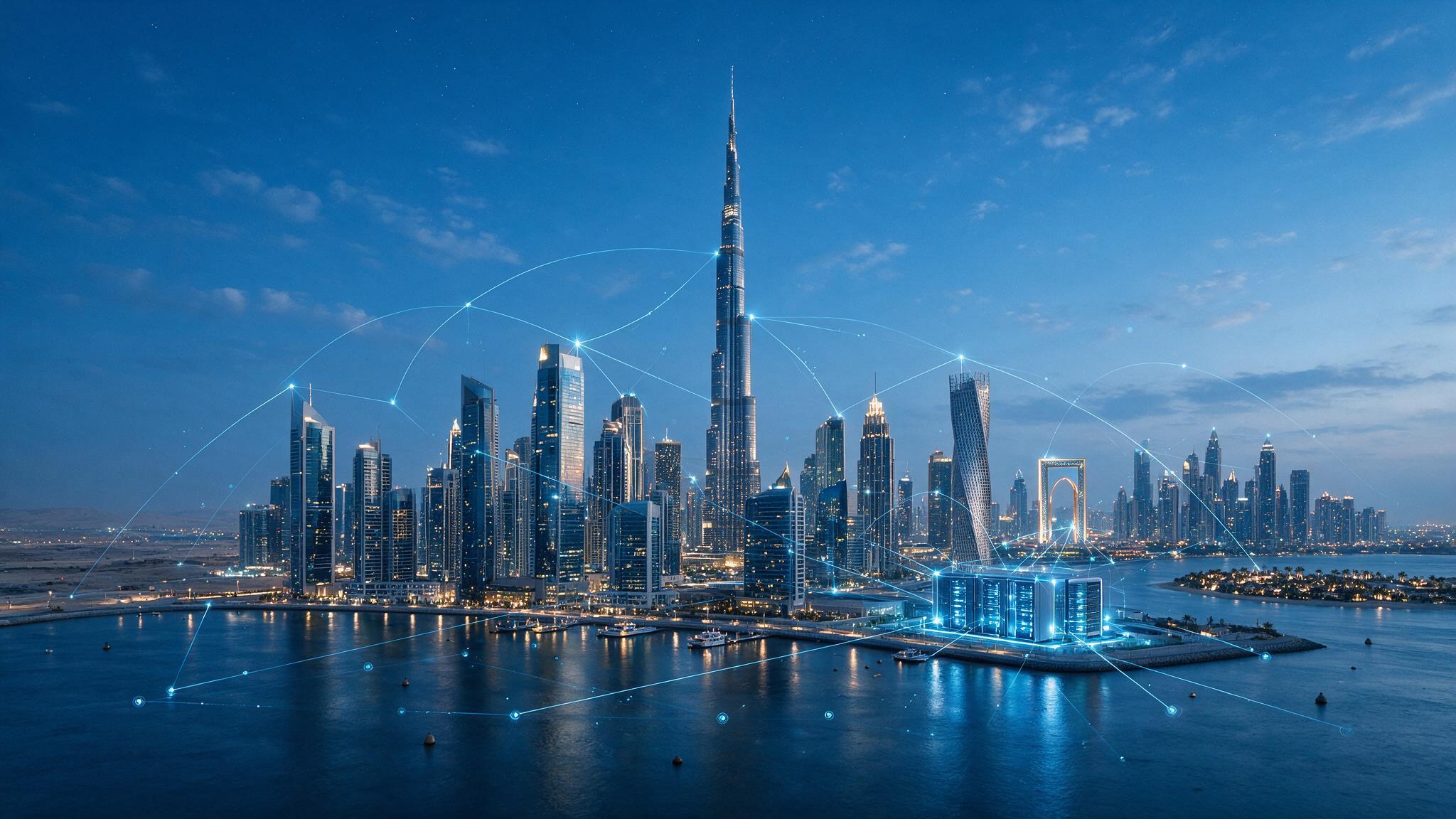 Dubai skyline with network lines representing VPS hosting in the UAE