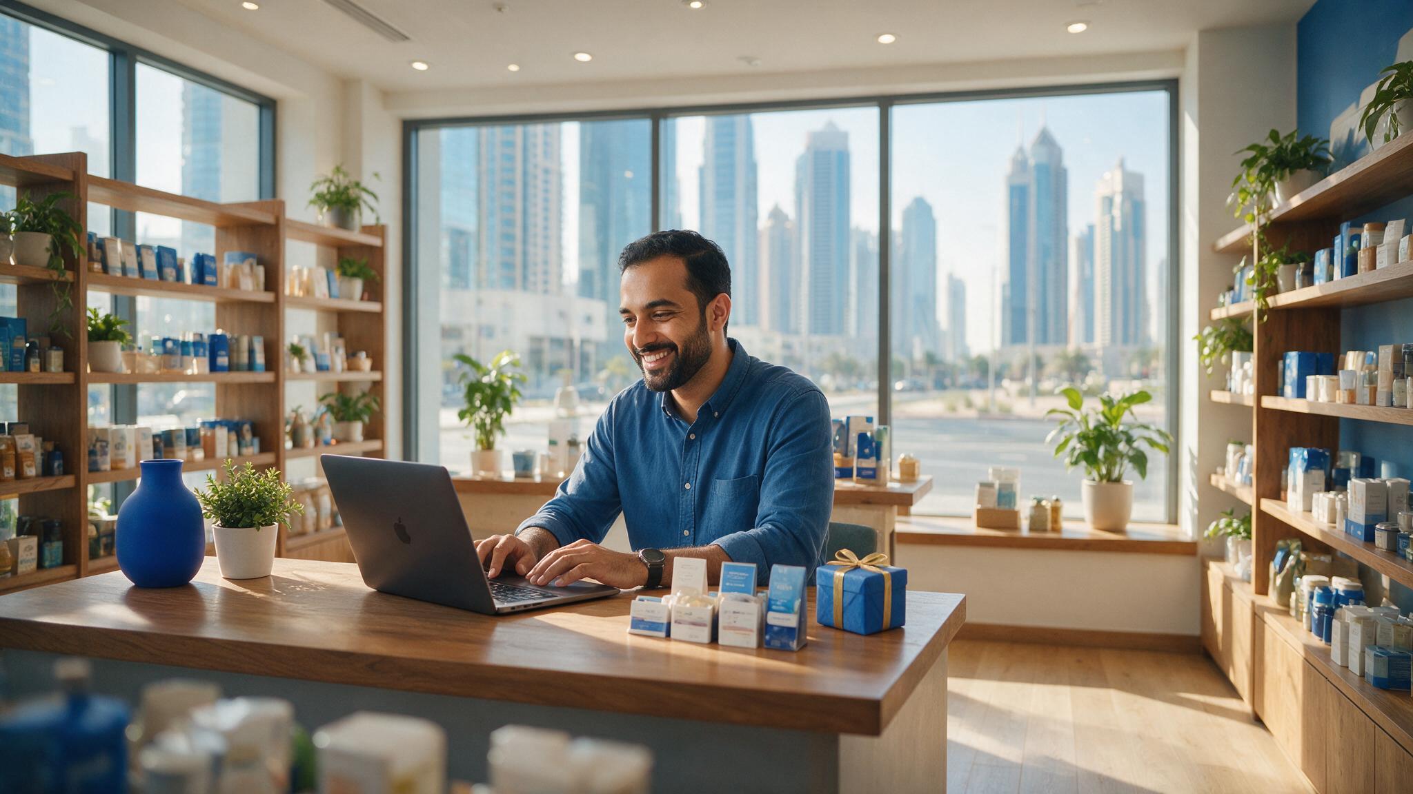 Small business owner working on a website in a UAE retail shop